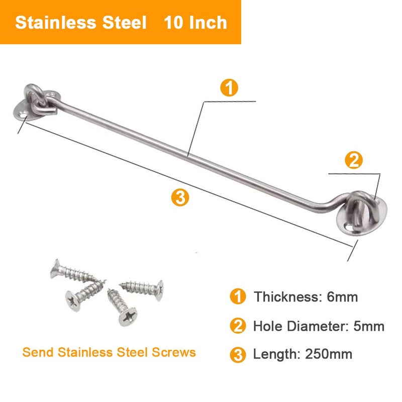 Mgoodoo 2 Pack 10 Inch Hook and Eye Latch, Heavy Duty Stainless Steel Barn Door Lock Gate Cabin Hook with 8 Mounting Screws for Sliding Door, Gate, Cabinet, Window, Shed (Silver) - Image 2